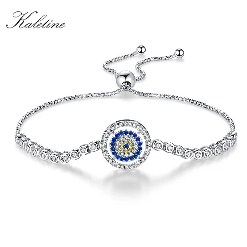 

KALETINE Pure 925 Silver Bracelet Adjustable Beads Evil Eye Blue Cubic Zirconia Tennis Bracelets For Women Mens Jewelry KLTB015