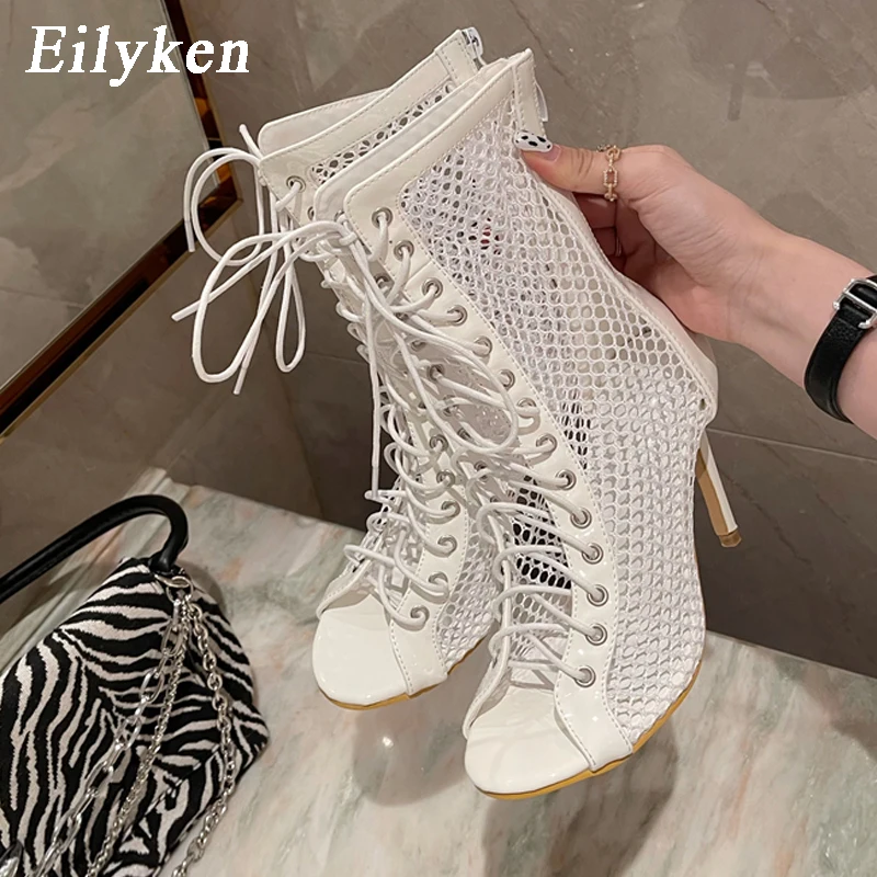 Eilyken Gladiator Boot Sandals Women Summer Peep Toe Lace Up Cross-tied High Heel Ankle Strap Net Surface Hollow Out Pumps Shoes