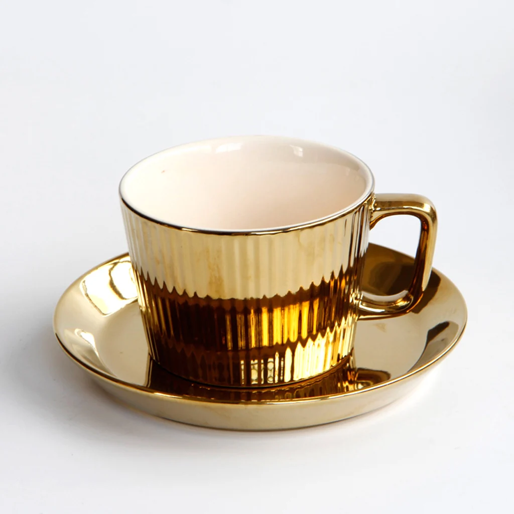 250ml Gold Plated Saucer Set Ceramic Tea Coffee European Style Espresso Office Tumbler Cup Picnic Birthday Wed Anniversary Gift