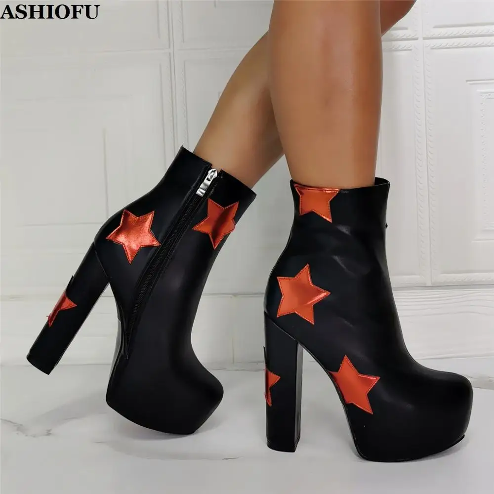 ASHIOFU New 2023 Women's Thick-heel Boots Party Prom Dress Large Boots Platform Evening Club Fashion Winter Short Boots Shoes