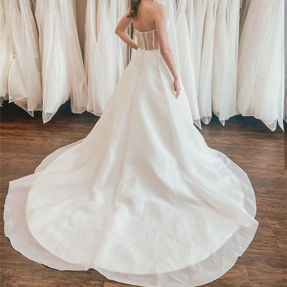 Vestido de casamento simples a linha querida sem mangas sem costas cetim botão andar comprimento varredura trem vestido de noiva sob medida feito novo