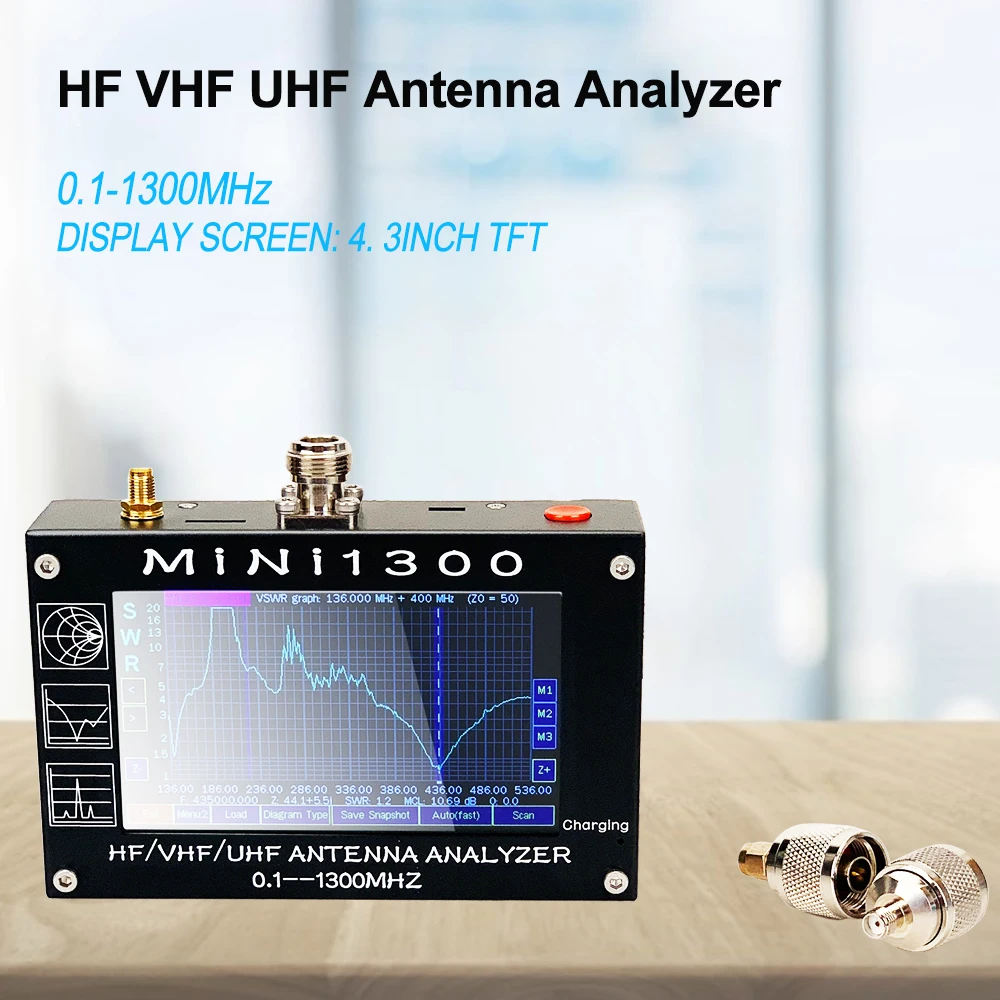 

MINI1300 5V/1.5A HF VHF UHF Antenna Analyzer 0.1-1300MHZ Frequency Counter SWR Meter 0.1-1999 with 4.3" TFT LCD Touch Screen