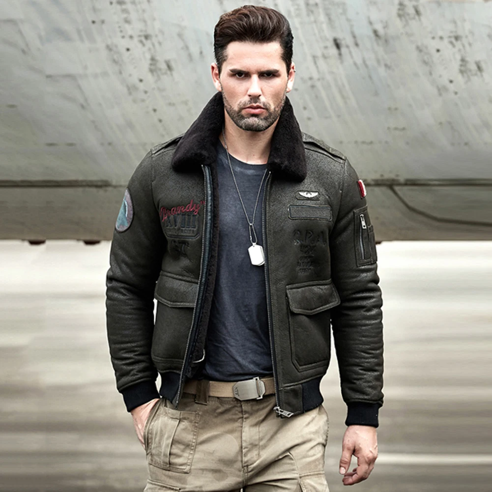 Denny&Dora Men's Gray Sheepskin Shearling Jacket B6 Aviator Flight Bomber Winter Warm Black Fur Collar Leather Coat