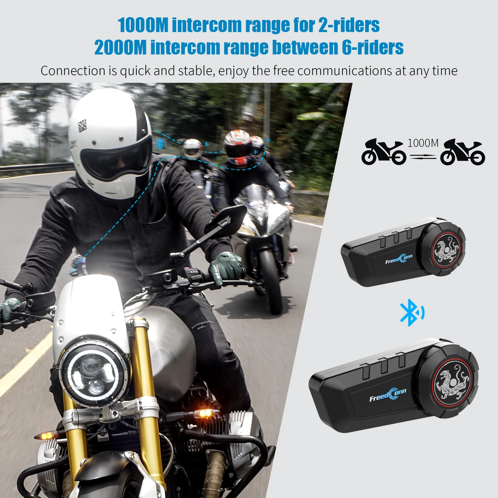 Freedconn KY Pro Motorcycle Intercom Bluetooth Helmet Headset Motorbike 6 Riders 1000M Moto Group Waterproof Interphone