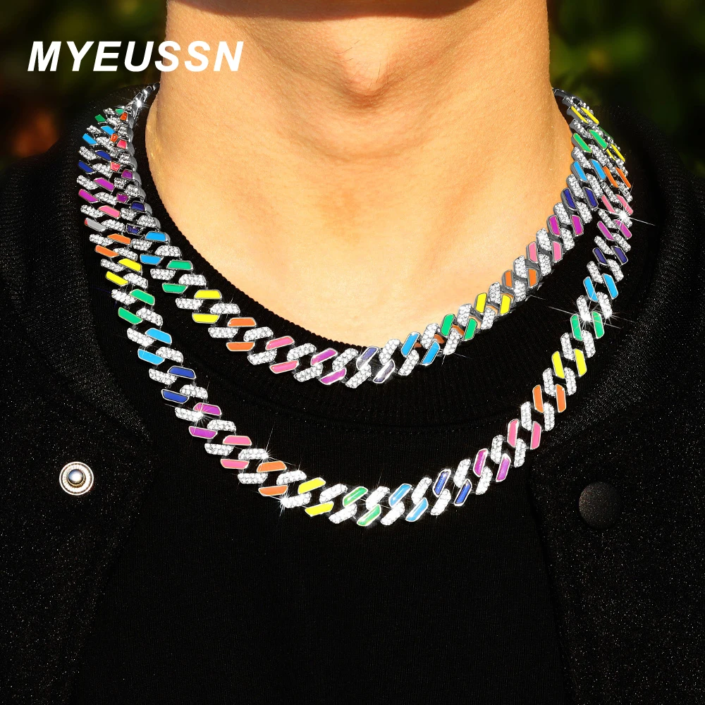 Hip Hop 13mm colorful Cuban Link Chain For Men Iced Out Bling Cuban Chain Rhinestone Chain Fashion Jewelry  Women Gift Wholesale