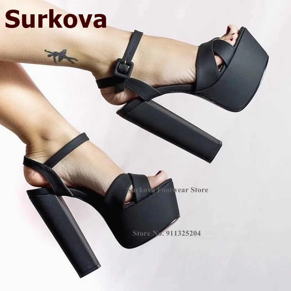 Surkova Square Buckle Chunky Heel Platform Sandals White Black Green Matte Leather Elegant Nice Dress Shoes Real Photo Pumps