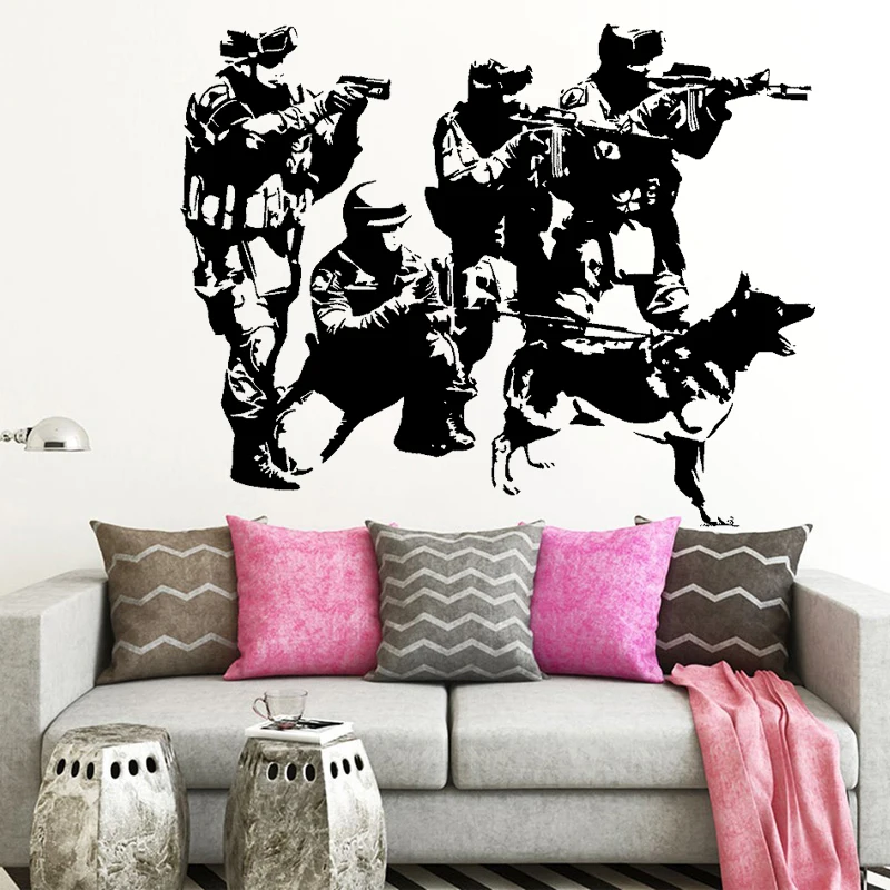 Police Swat Wall Sticker Military Dog Soldiers Decal Commando Kids Boys Bedroom Wall Decoration Creative Living Room Decor