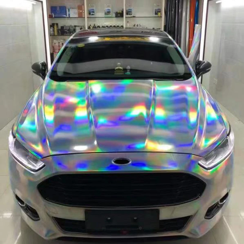 

5mx1.52m Holographic Laser Chrome Silver Vinyl Wrap Glossy Car Decals Film Car Hood Exterior Stickers