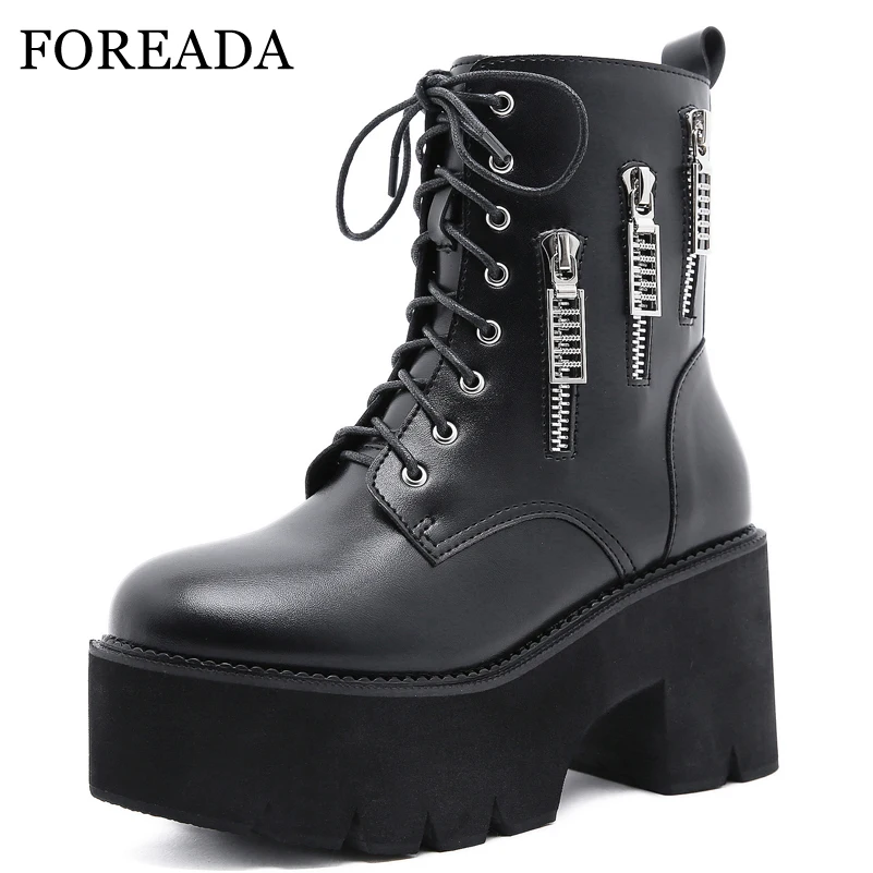 

FOREADA Woman Ankle Boots Autumn Platform Thick Heel Shoes High Heel Round Toe Zipper Ladies Short Boots Nightclub Shoes 35-43