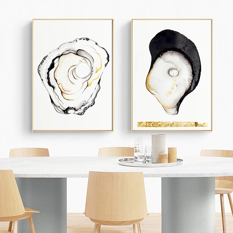 Modern Wall Art Canvas Painting Three Delicious Oysters Pearl Caviar Poster Print Seafood Shop French Restaurant Decor Picture