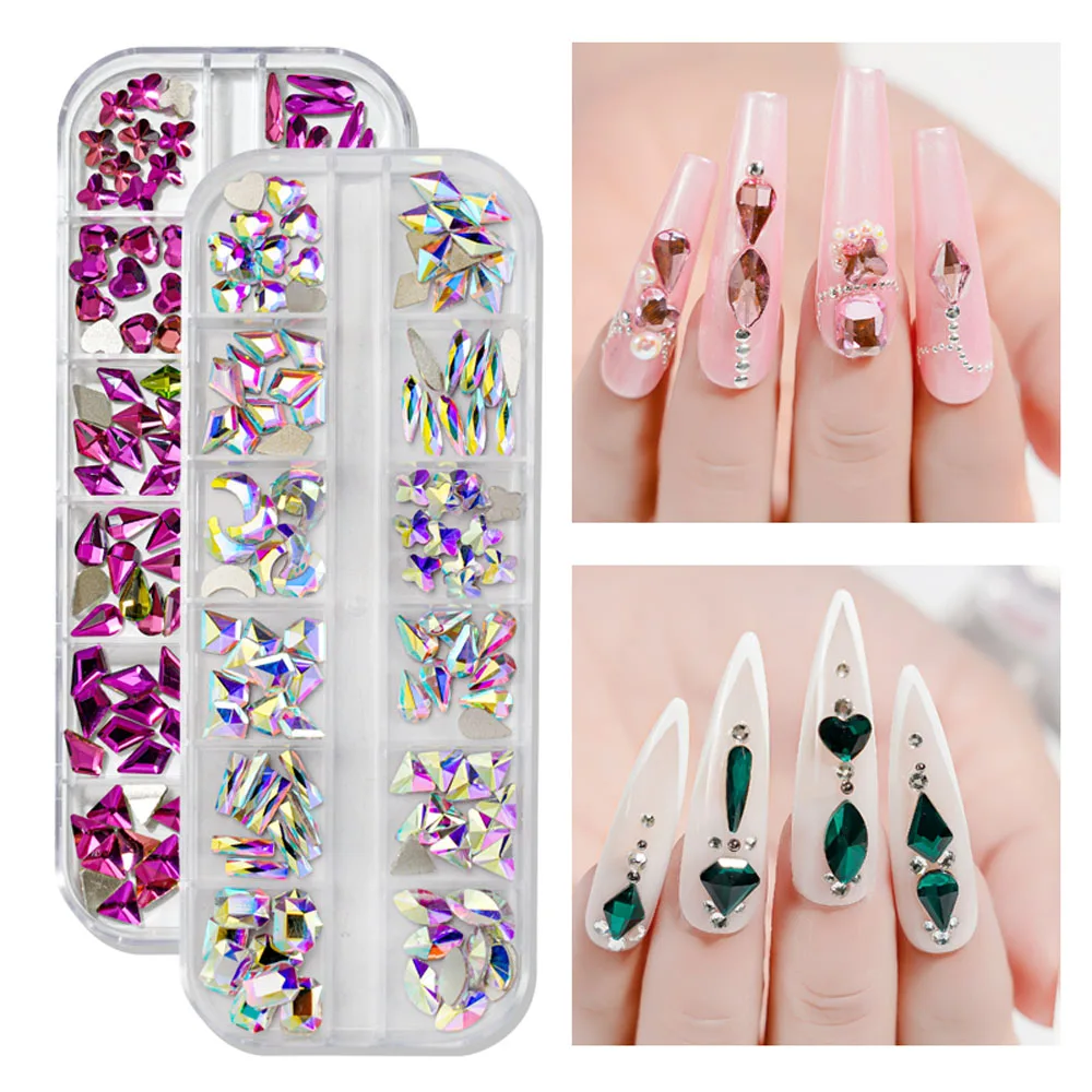 12Gird/Box Mixed Shape Nail Rhinestone 3D AB/Gold Non Hotfix Flatback Crystal Diamond Gem DIY Glitter Stone Nail Art Decoration