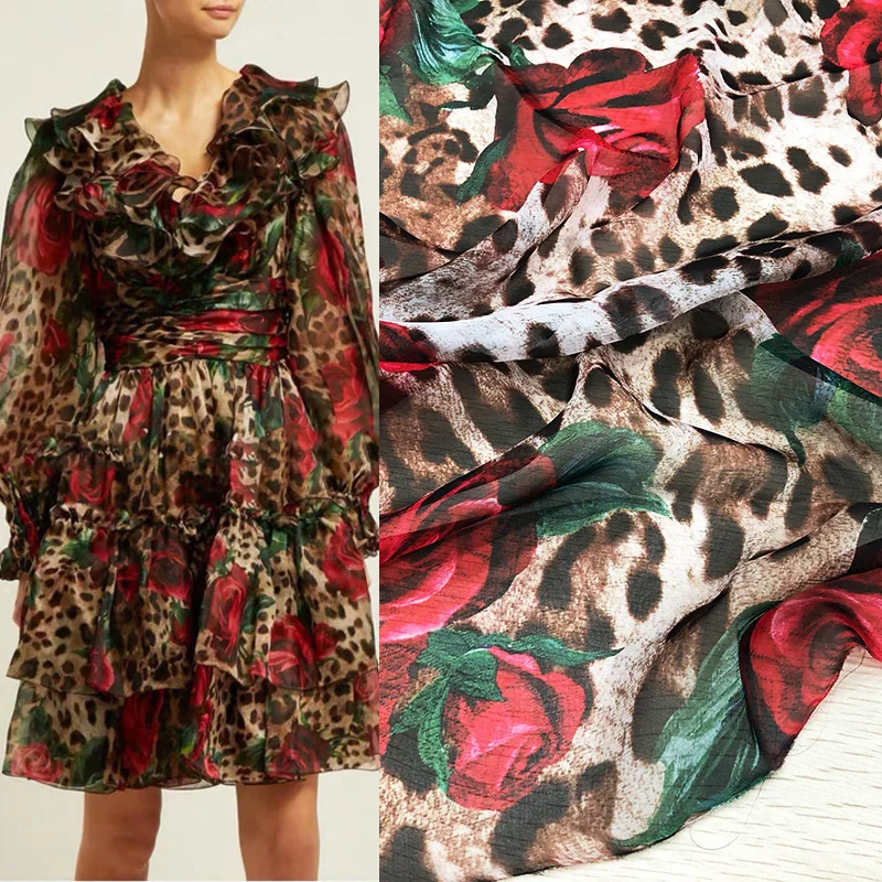 European Fashion Show Leopard Rose Flower Printed Thin Chiffon Fabric For Sew Woman's Summer Dress Blouse DIY Cloth Sewing