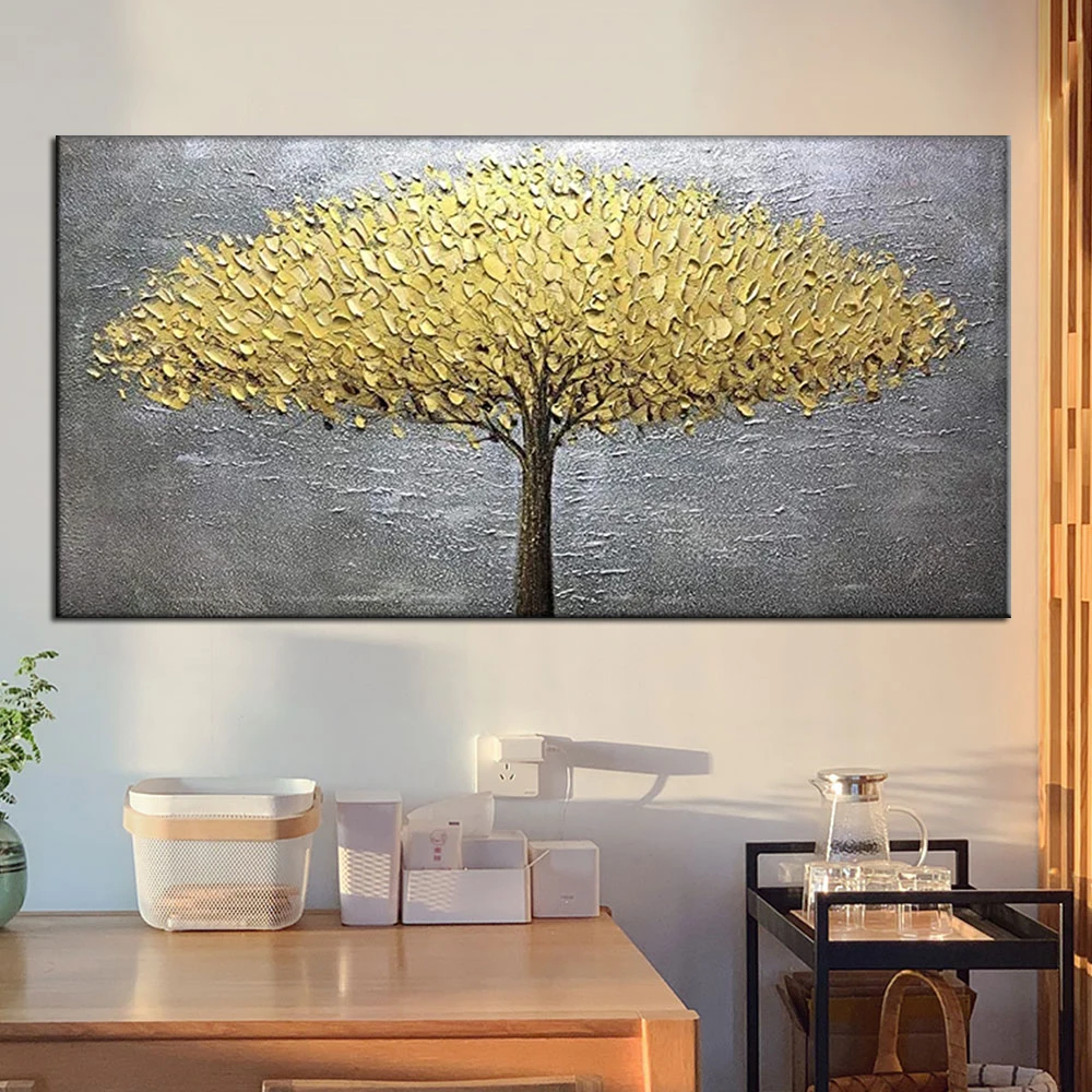 

100% Hand-Painted Gold Silver Golden Leaf Paintings Textured Lucky Tree Picture Oil Painting Canvas Wall Art Home Decoration