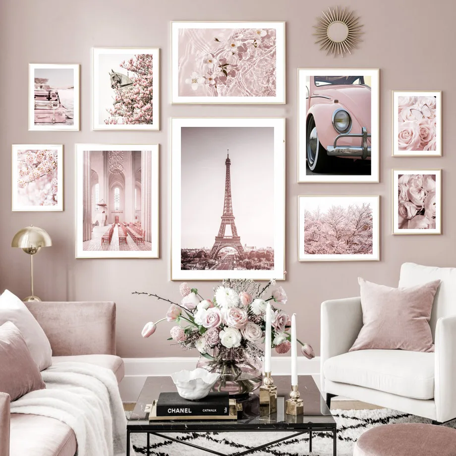 

Pink Poster Paris Tower Flower Tree Peony Car Conch Church Wall Art Print Bicycle Canvas Painting Decor Picture For Living Room