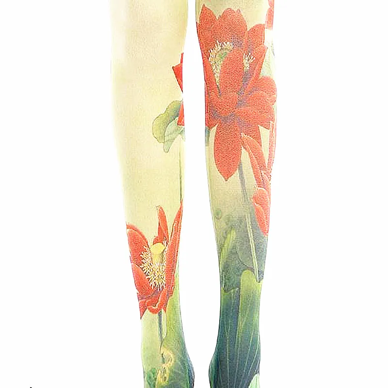 Women Tights with Chinese Lotus Flowers Print Harajuku Lolita Smooth and Heat Tech Super Stretch Pantyhose Leggings for Girls