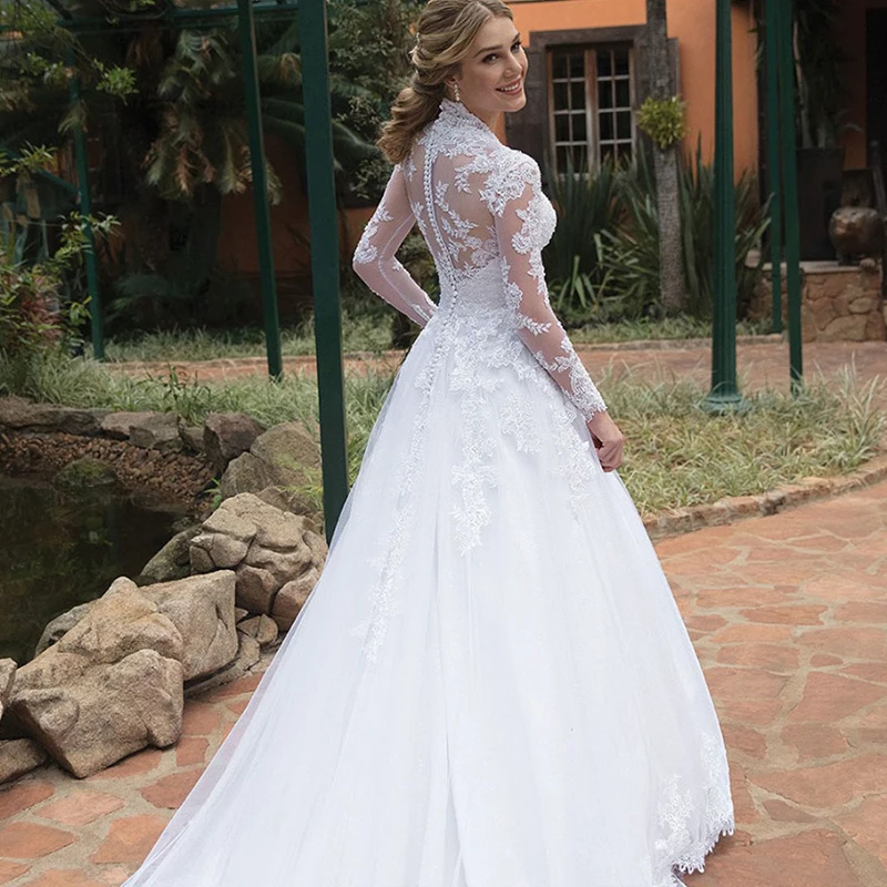 Fantástico tule rainha anne decote a linha vestidos de casamento com apliques de renda sexy vestido de noiva abita da cerimonia donna