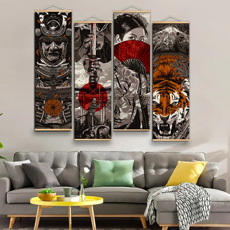 Japan Samurai Ukiyoe Poster and Prints Scroll Painting Tiger Canvas Wall Art Living Room Bedroom Decoration Scroll Poster