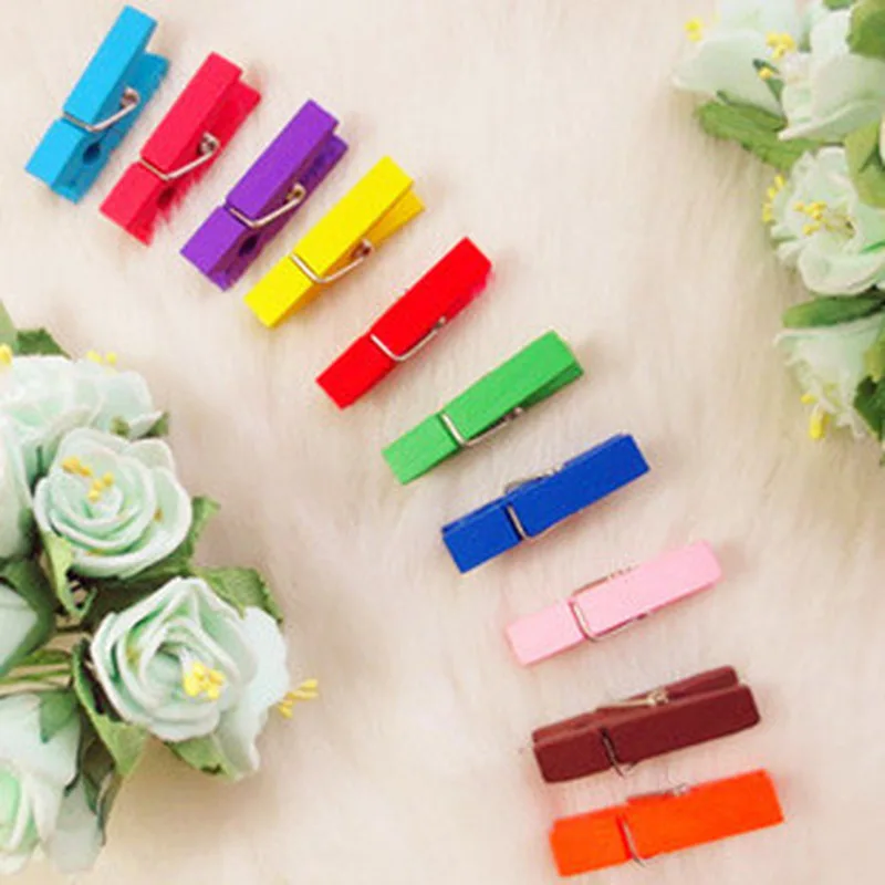 100 Pcs 3.5 Cm Color Wooden Clip Photo Clips Hemp Rope Paper Peg Pin Photos School Office Clips Party Decoration