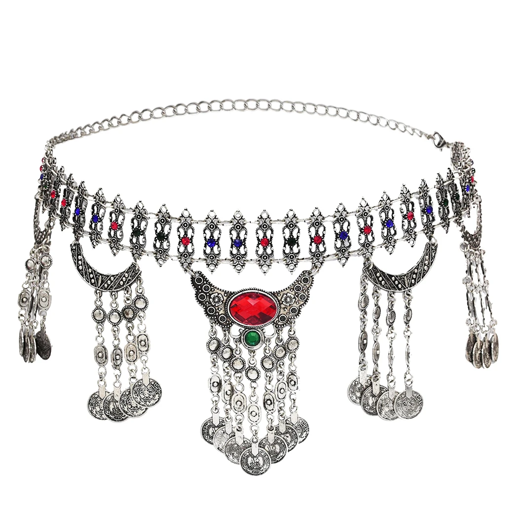 Gypsy Turkish Moon Coin Tassel Belly Chains for Women Bohemian Dance Dress Belt Crystal Body Chain Tribal Party Jewelry Gift