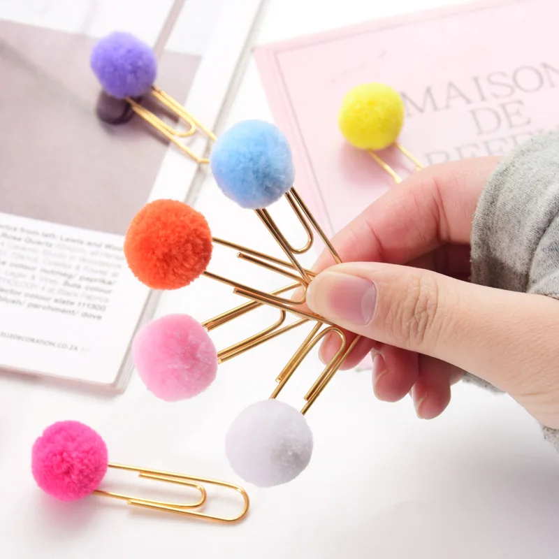 4 pcs/lot Girl Heart Colored Hair Ball Paper Clip Bookmark Promotional Gift Stationery School Office Supply Escolar Papelaria