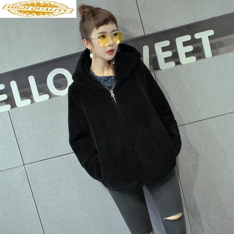 

Female Real Fur Coat Jacket Winter 2023 Sheep Shearing Wool Fur Coats for Women Fall with Hat Manteau Femme Hiver KJ995