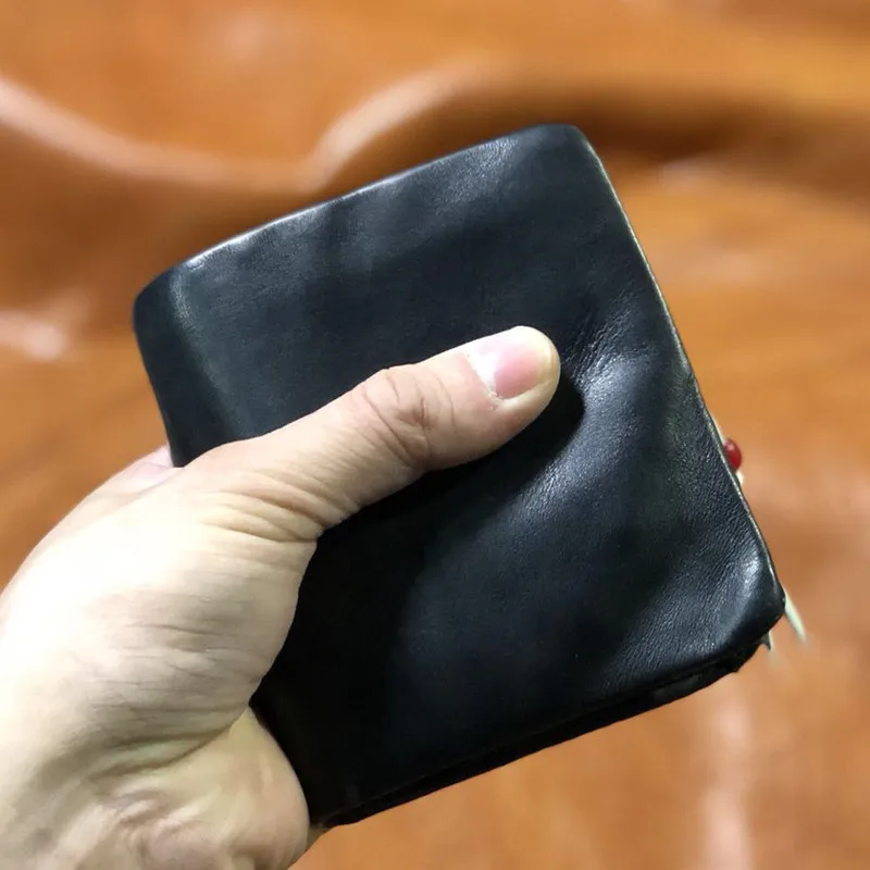 PNDME simple luxury genuine leather men\'s black short wallet casual natural soft real cowhide daily card holder coin purse