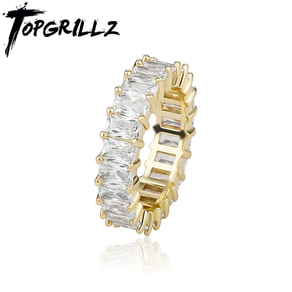 TOPGRILLZ New Baguette Ring in Yellow Gold (6mm) Iced Out Bling Ring Hip Hop Punk Fashion Jewelry For Men Women Gift
