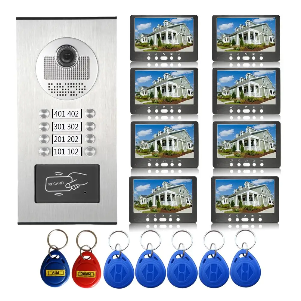 

7 inch 4/6/8 Apartment/Family Color Video Door Phone Intercom System With for 4~8 Unit Building Intercom Inductive ID Card