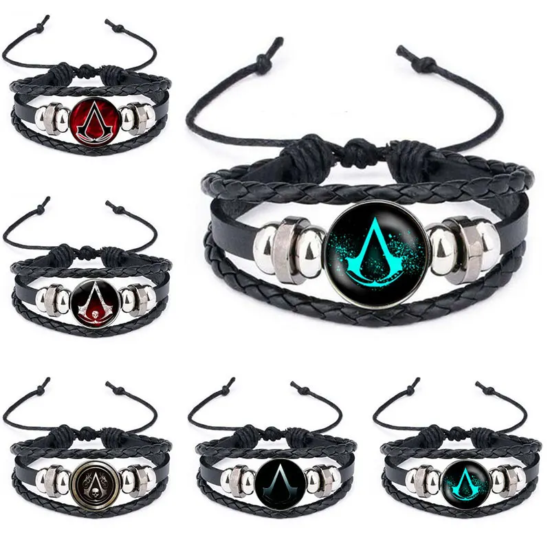 Assassin Icon Badge Symbol Bracelet Anime Movie Game Leather Bracelets Multilayer Casual Wristband Bangle For Men Friend Jewelry