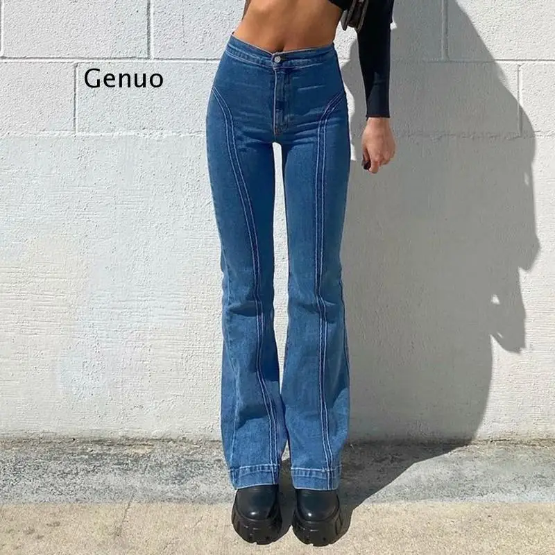 

Streetwear Striped Blue Y2K Flare Jeans For Girls Female Fashion New Vintage Denim Pants Women High Waisted Trouser Capris