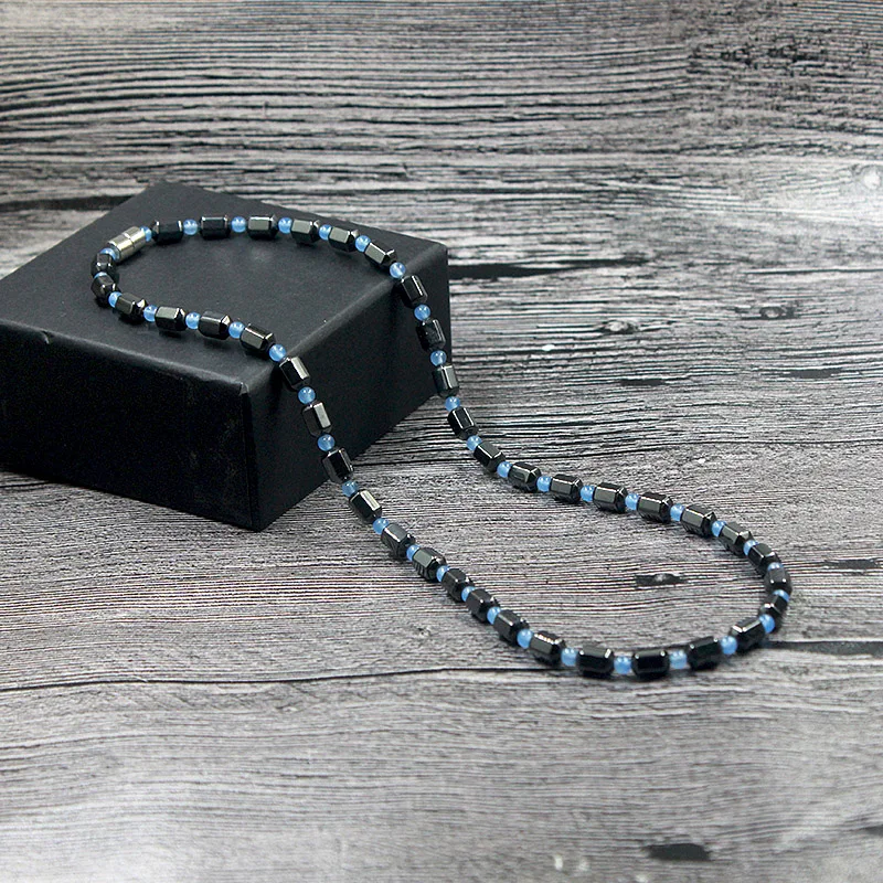 New Simple Classic Magnetic Hematite Beads Necklace with Baby Blue Gold Silver Color Spacer Beads Healing Therapy for Men Women