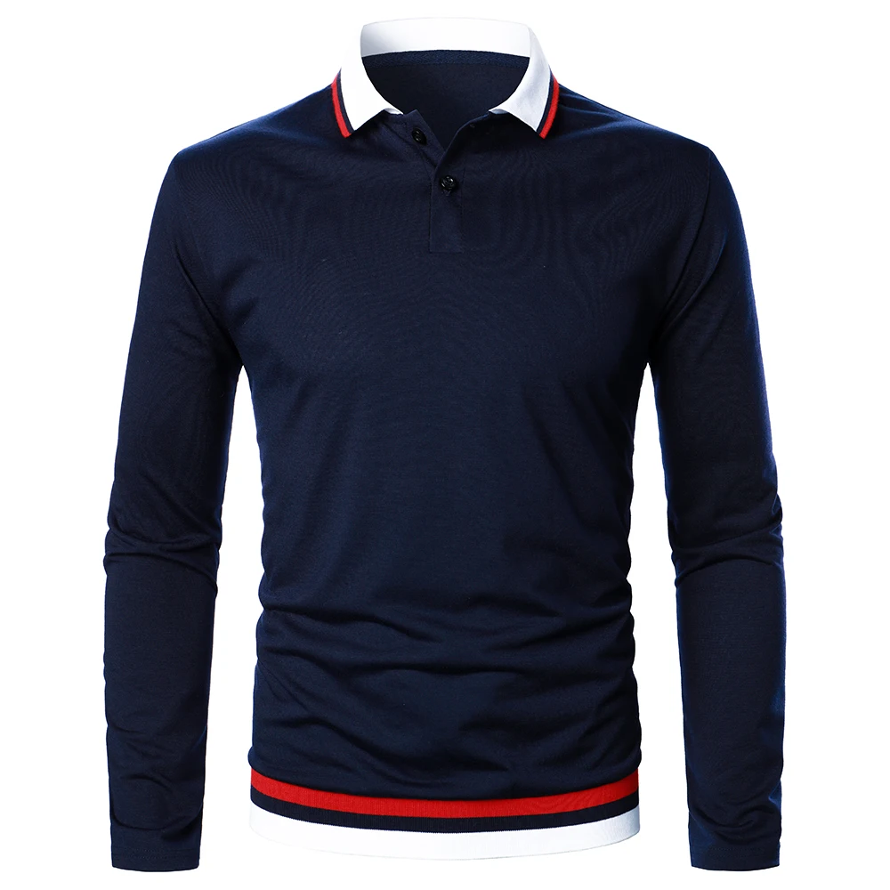 Men Long Sleeve Polo Shirt Solid Splicing Bi-Color Stripe Tops Autumn Basics Streetwear Casual Fashion Men Lapel Polo Shirt