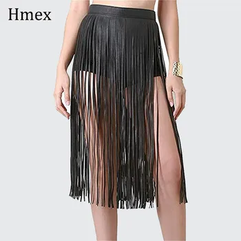 Boho Vrouwen Sexy Kwastje Lederen Rokken Punk Gothic Tailleband Lange Fringe Zwarte Hoge Taille Riem Club Party Rok