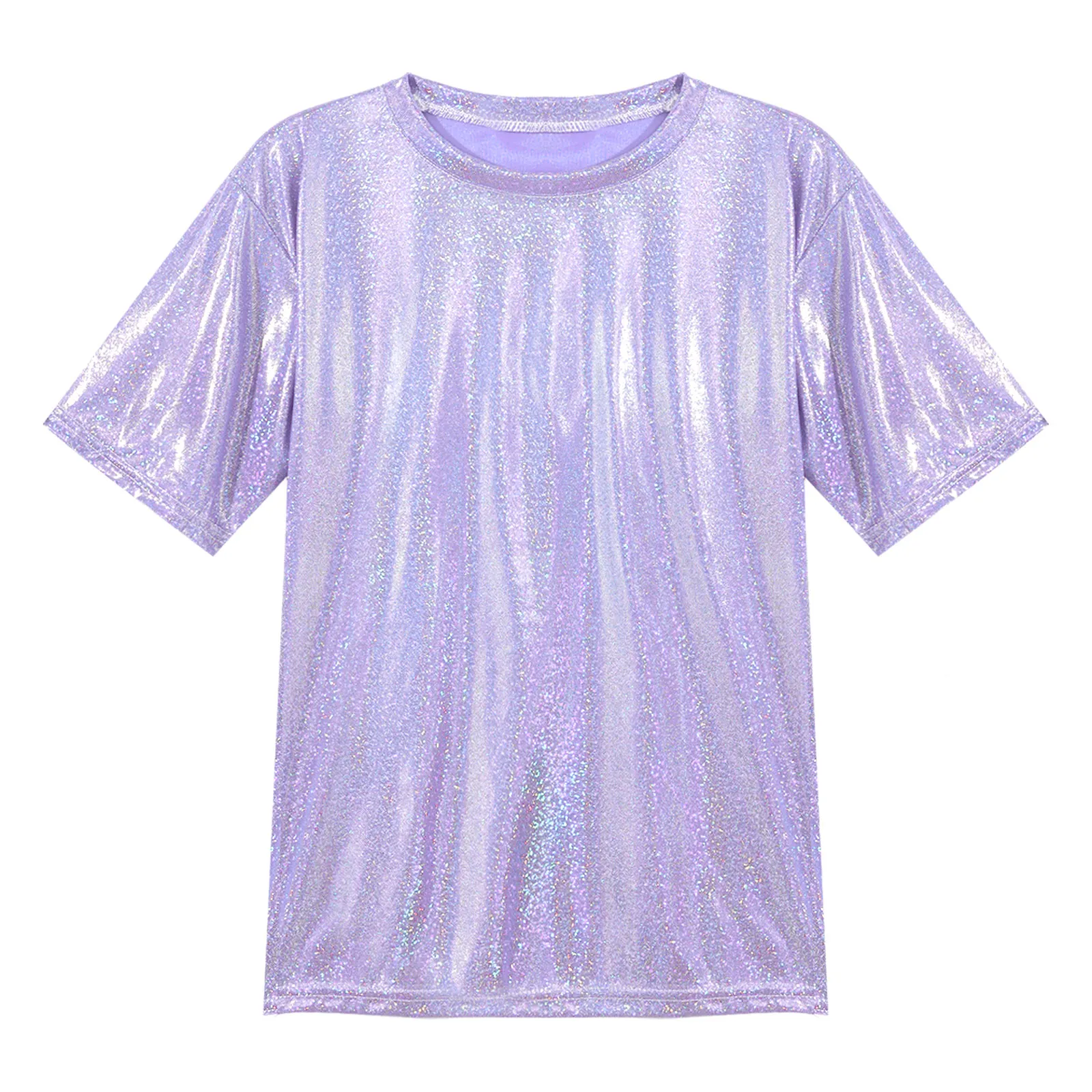 Womens Fashion Shiny Short Sleeve T-Shirt Casual Sparkling Round Neck Tops Pole Dance Costune Rave Party Clubwear