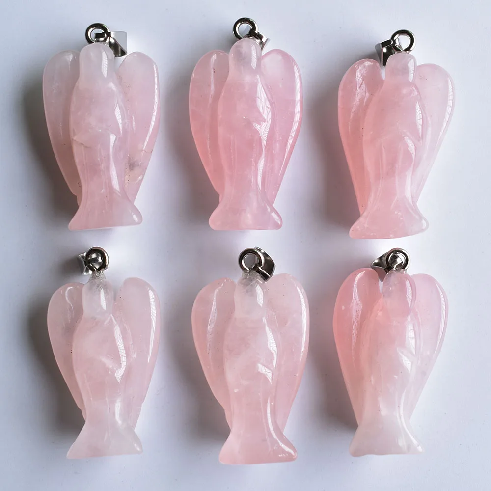 

Wholesale 6pcs/lot Fashion natural stone Rose quartz angel pendants charms for necklace making jewelry free shipping