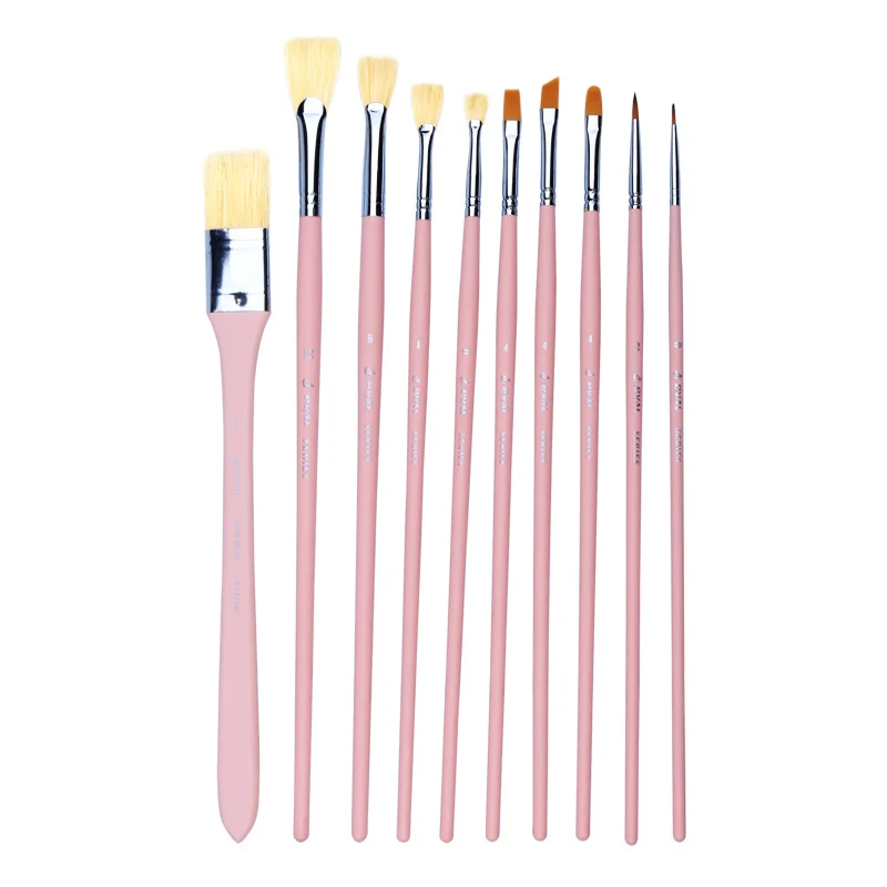 

10pcs sets of pig bristle fan-shaped paint brush gouache nylon hair multifunctional pink birch long rod acrylic watercolor brush