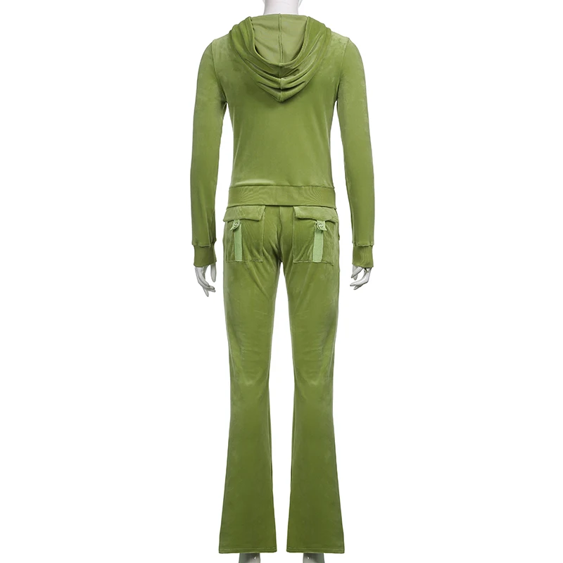 Darlingaga Vintage Fashion Green Velour Autumn Tracksuit Women Zip Up Hoodie and Pants Suits Two Piece Set Workout Solid Outfits