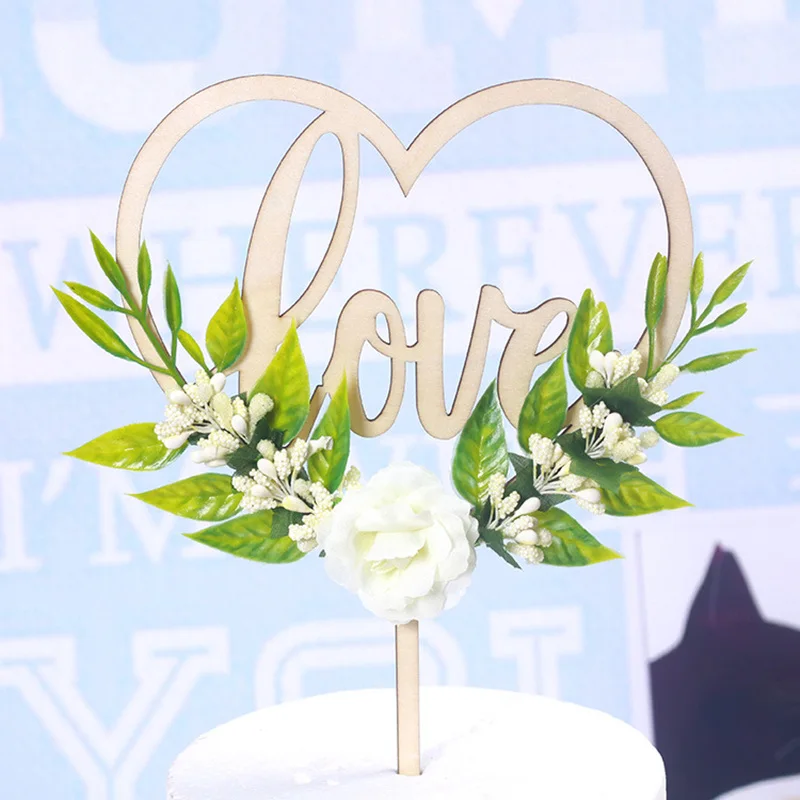 Wooden Love Valentine's Day CakeTopper Flower DIY Wedding Party Cake Toppers for Valentine's Dessert decoration Anniversary gift