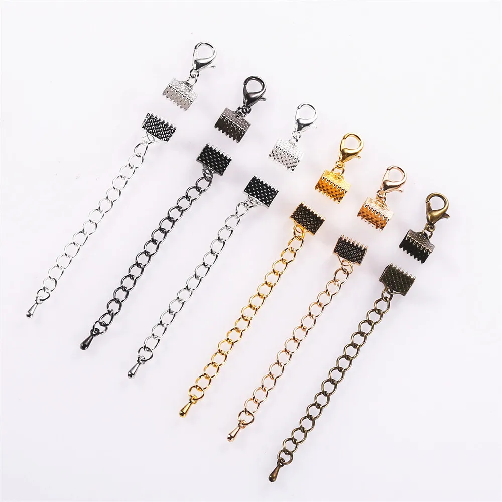 10 sets/lot Crimp End Caps Beads Lobster Clasps Extended Extension Chains Flat Leather Cord End Cap String Ribbon Clip Foldover