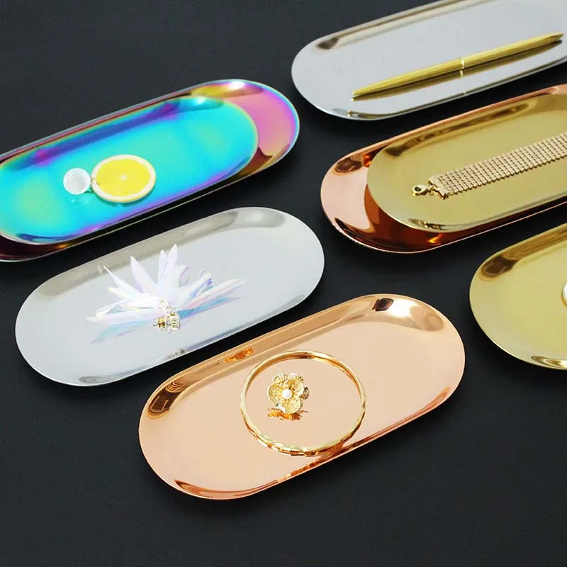 

Electroplating Stainless Steel Oval Tray Fruteira Dessert Steak Plate Jewelry Storage Tray Kitchen Bedroom Decoration Dish