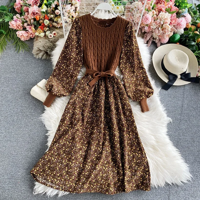 

2021 Elegant Women Floral Print Dress Autumn Vintage Fashion Korean O-Neck Puff Sleeve Patchwork Knitted Corduroy Midi Dress