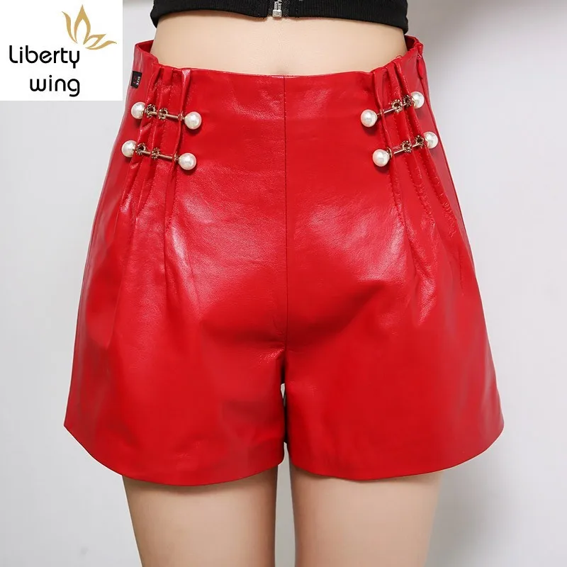 

New Women Beads High Waist Wide Leg Casual Genuine Leather Shorts Loose Fit Female Sheepskin Short Trousers Red Black