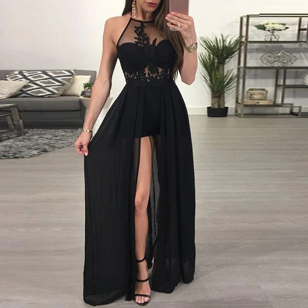 Sexy Evening Dresses Pleat Appliques Chiffon O-Neck Sleeveless Zipper A-Line Gowns Novia Do 2021 New Party