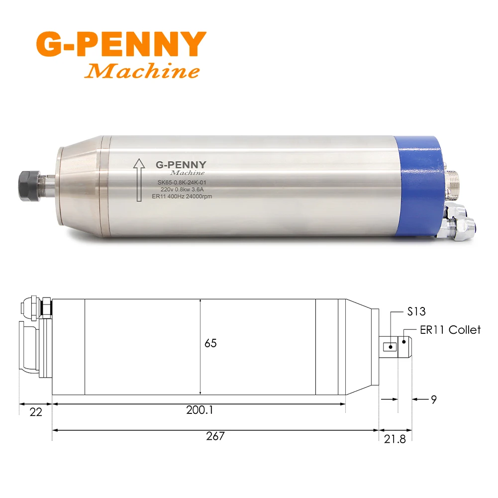 G-Penny Water Cooled Spindle Motor 0.8KW ER11 Metal working spindle 4 pcs ceramic ball bearings Used for metal iron stainless