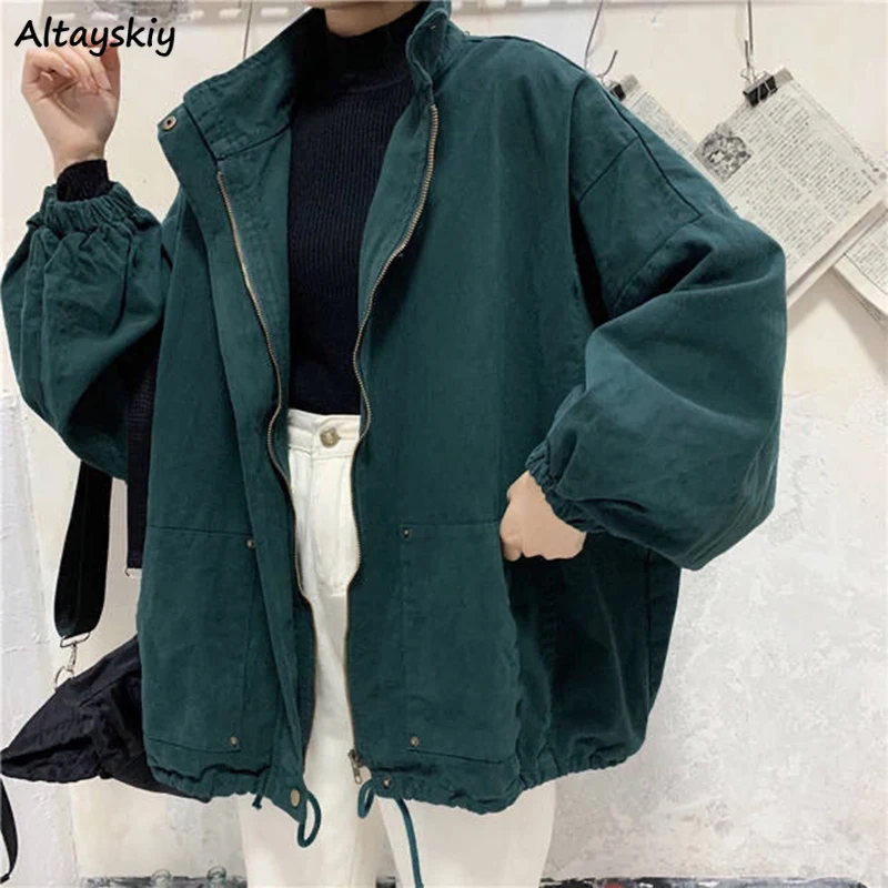 

Basic Jackets Women Solid Simple Stand Collar Retro Chic Korean Style Womens Coats Loose Leisure Outwear Vintage Harajuku New