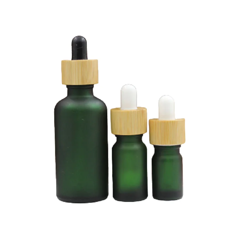 10pcs  Glass Essential Oil Dropper Bottle 5/10/15/20/30/50/100ML Green Frosted Serum Dropper Pipette with False Wood Lid Bottles