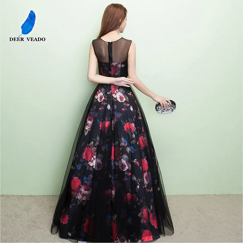 DEERVEADO Women's Elegant Floral Evening Dress Long See Through Back Satin Formal Party Dresses Evening Gown M209