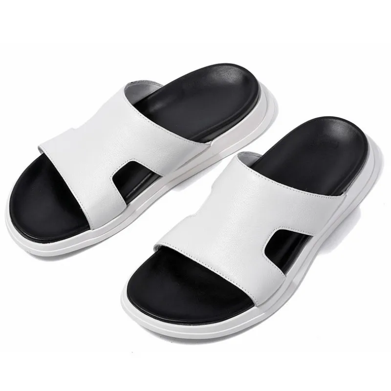 Summer 100% Real Leather 2021 Men Outside Casual Slides High Quality Breathable Beach Slippers White Platform Sandals