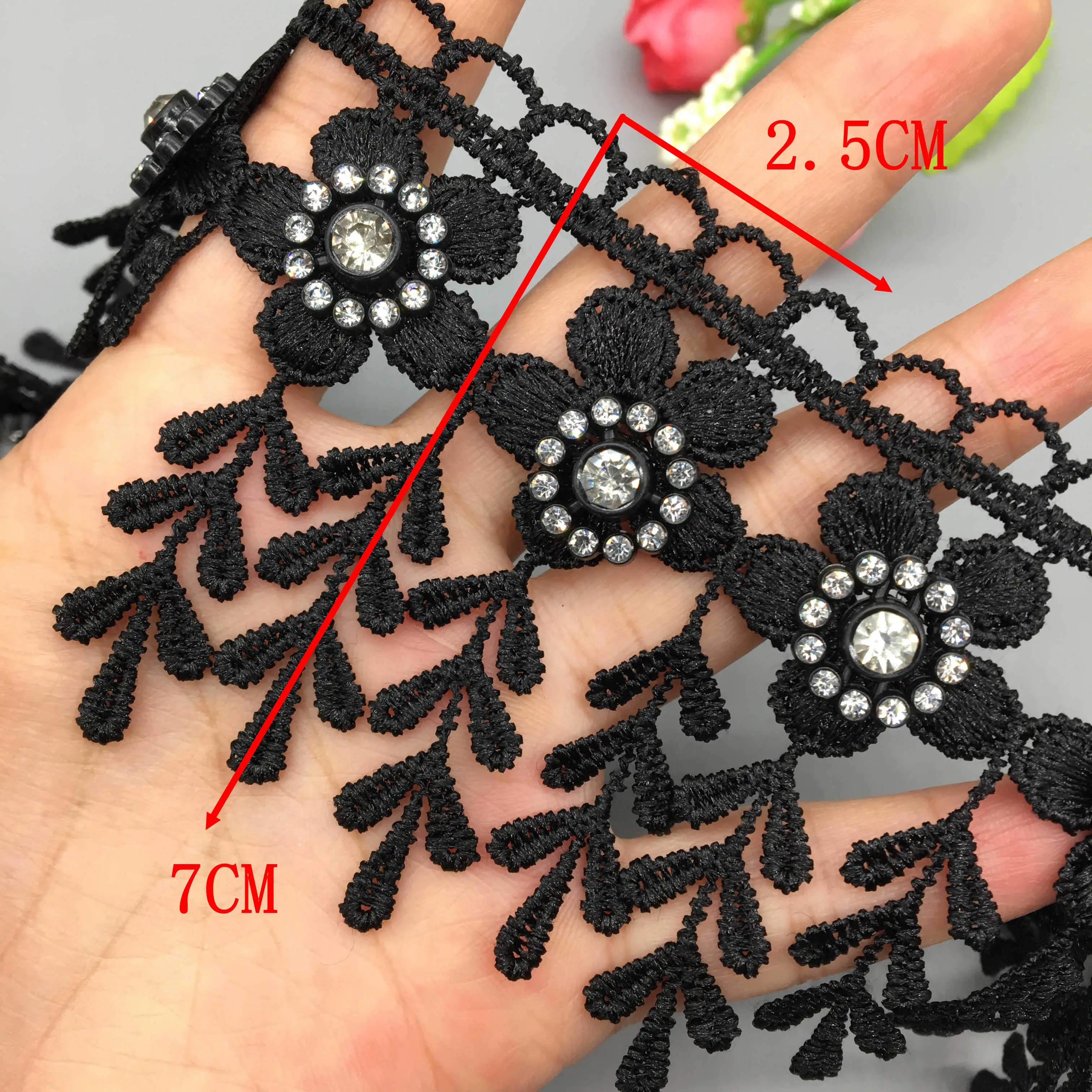 1 ياردة 7 سنتيمتر الأسود ثلاثية الأبعاد زهرة شرابة ورقة الدانتيل حافة شريط تقليم النسيج المطرزة زين الخياطة الحرفية فستان الزفاف الملابس