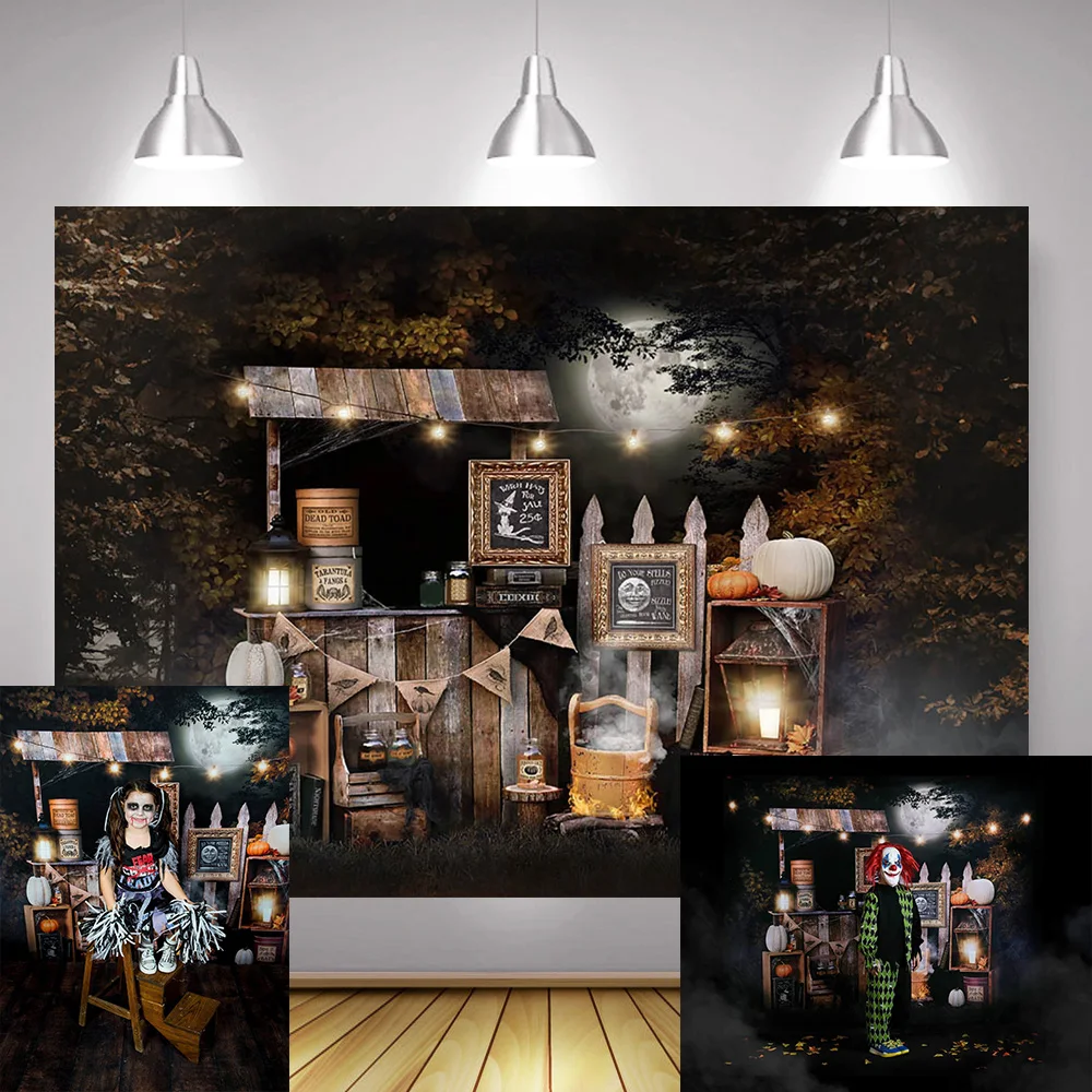 할로윈 사진 스튜디오 배경, 할로윈 어린이 생일 초상화 배경, 가을 공포 밤 숲 호박 달